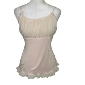 Y2K Pink Coquette Milkmaid Lace Trim Babydoll Cami Top Mesh Ruffle Dainty Bows M